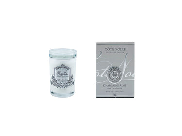 *CLEARANCE* White Vessel Candle 75gr - Pink Champagne - Silver Badge